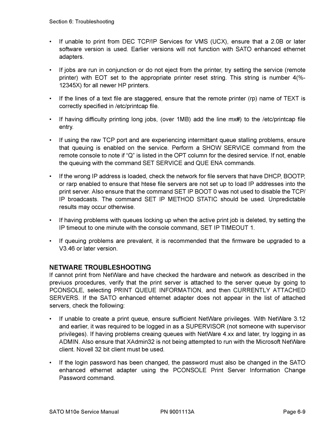 SATO 10e service manual Netware Troubleshooting 