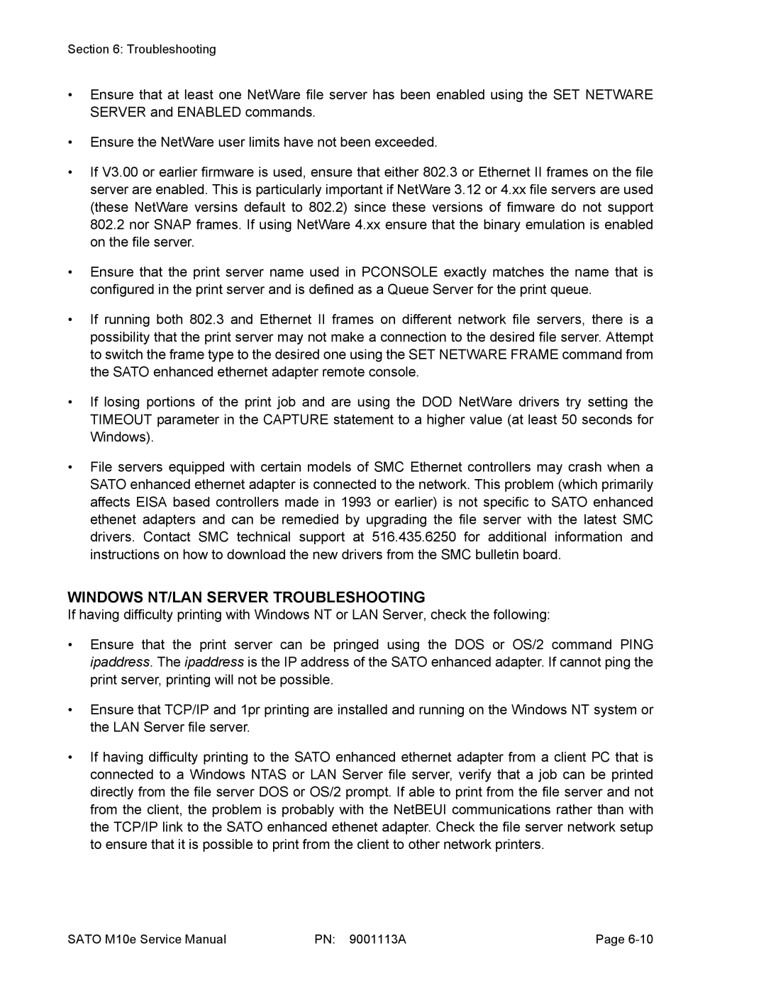 SATO 10e service manual Windows NT/LAN Server Troubleshooting 