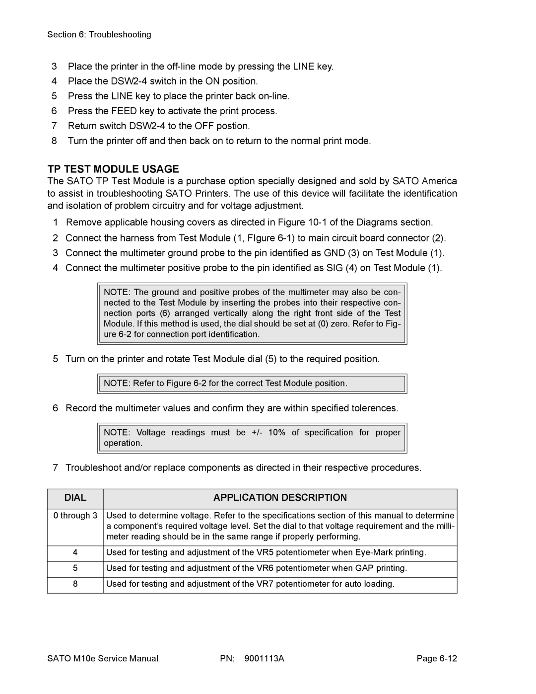 SATO 10e service manual TP Test Module Usage, Dial Application Description 