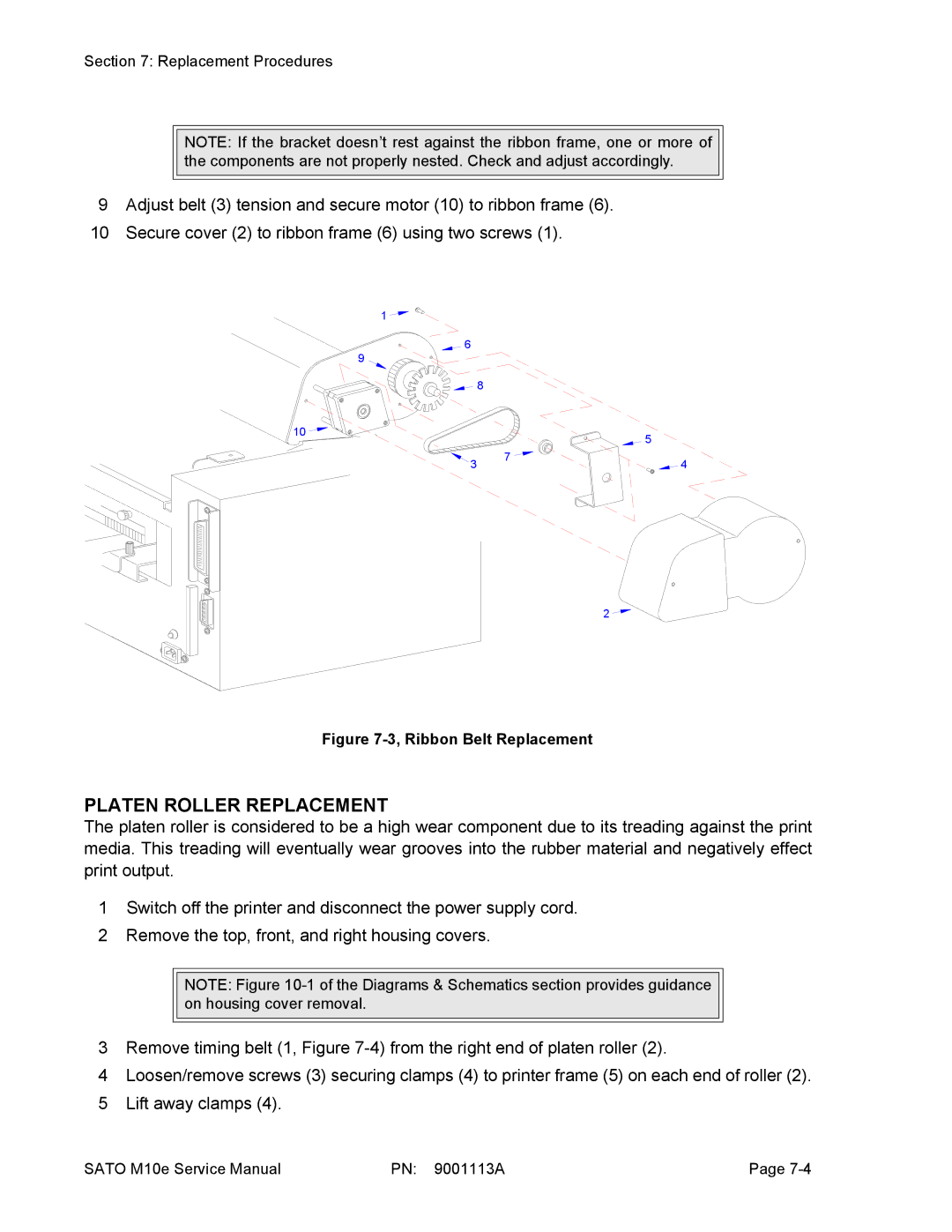 SATO 10e service manual Platen Roller Replacement, Ribbon Belt Replacement 