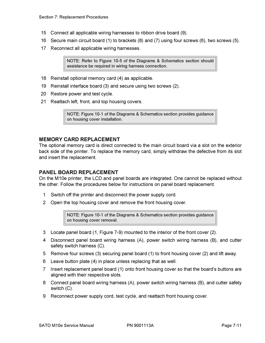 SATO 10e service manual Memory Card Replacement, Panel Board Replacement 