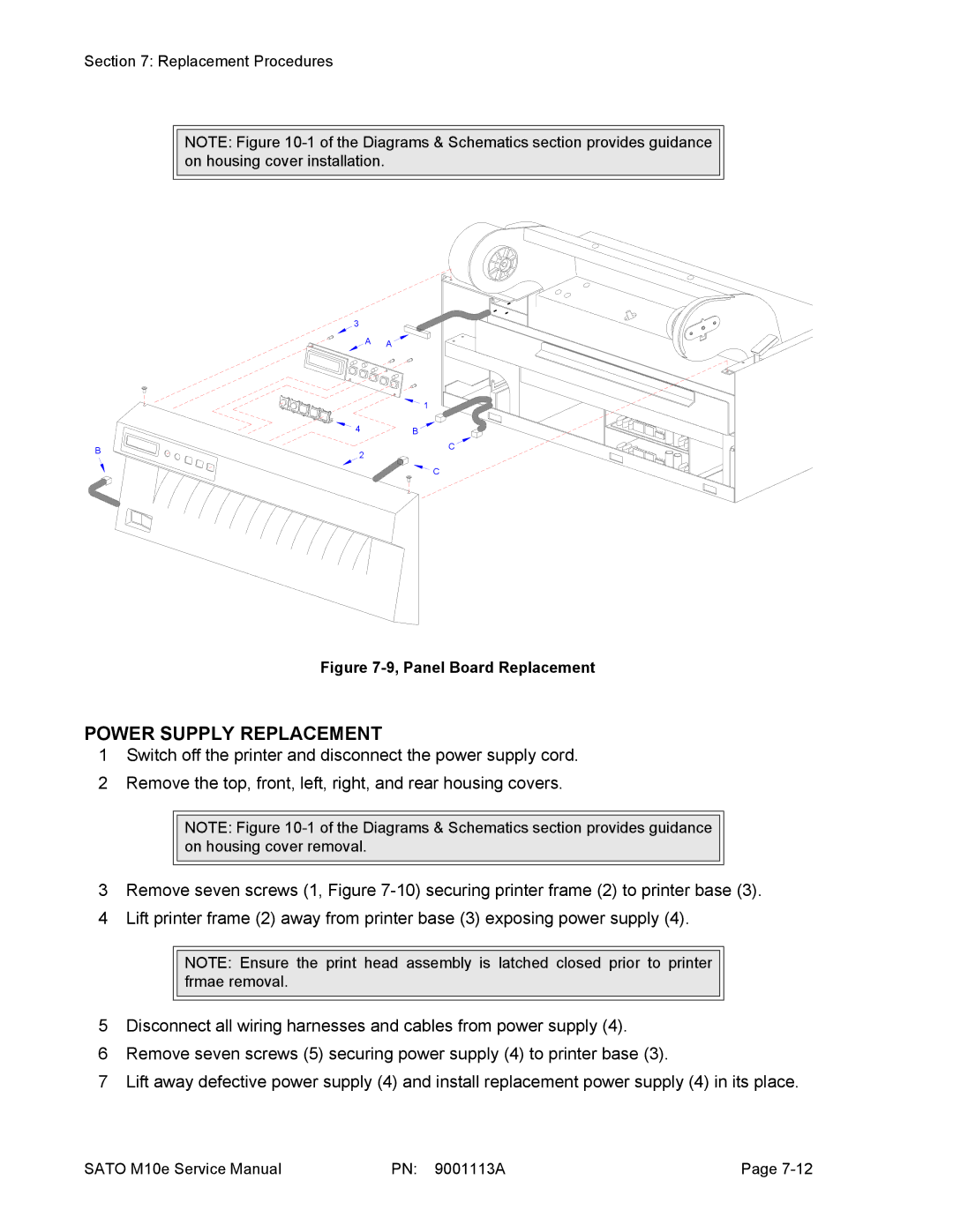 SATO 10e service manual Power Supply Replacement, Panel Board Replacement 