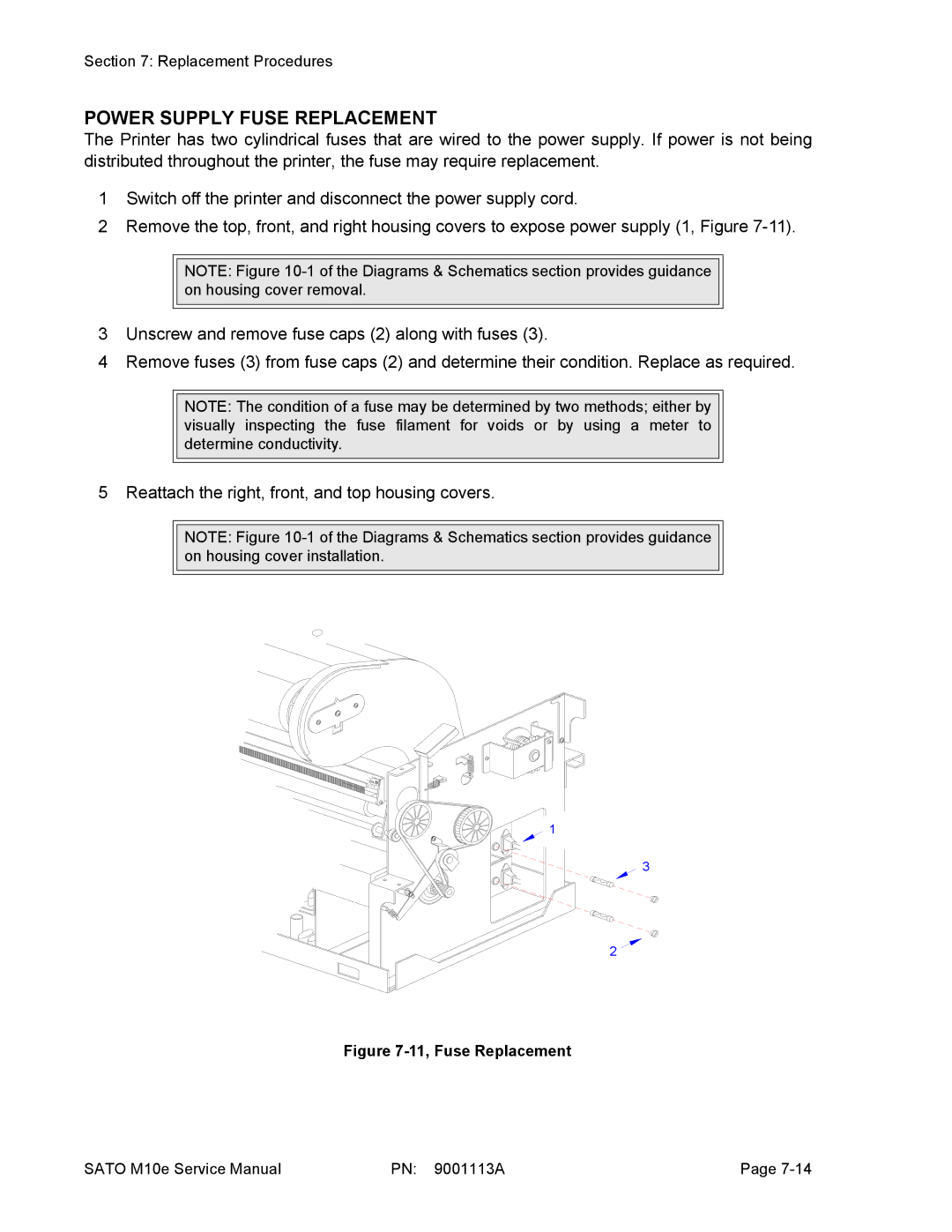 SATO 10e service manual Power Supply Fuse Replacement, 11, Fuse Replacement 