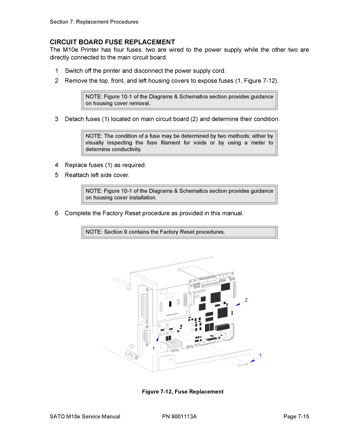 SATO 10e service manual Circuit Board Fuse Replacement, 12, Fuse Replacement 