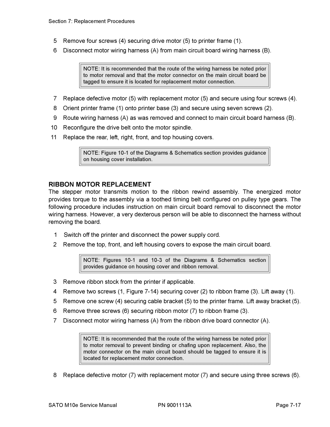 SATO 10e service manual Ribbon Motor Replacement 