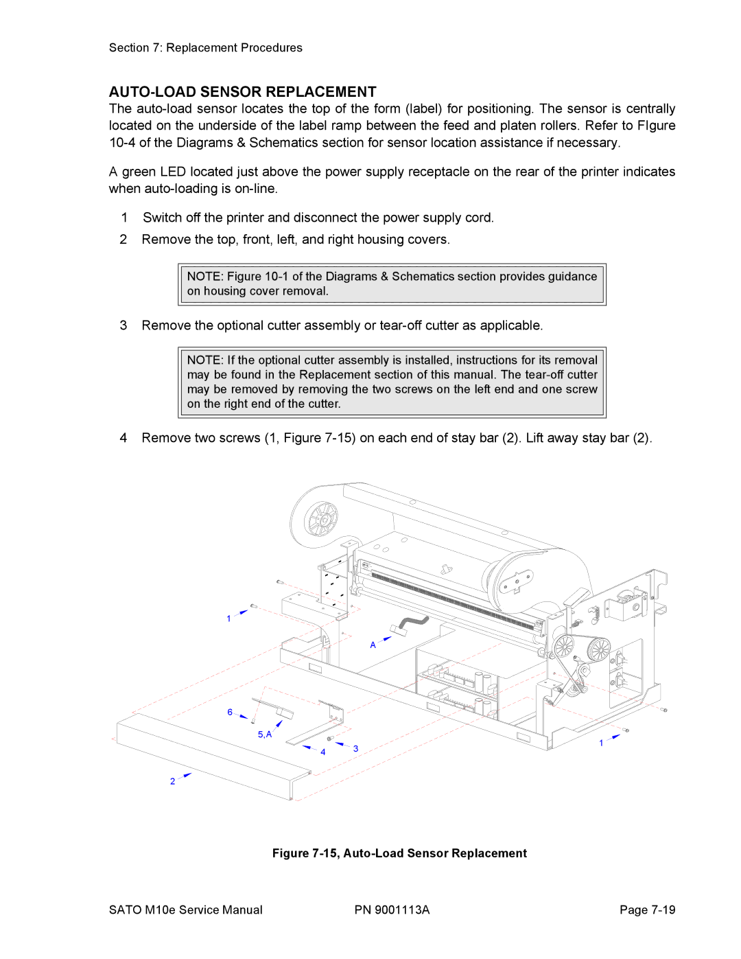 SATO 10e service manual AUTO-LOAD Sensor Replacement, 15, Auto-Load Sensor Replacement 