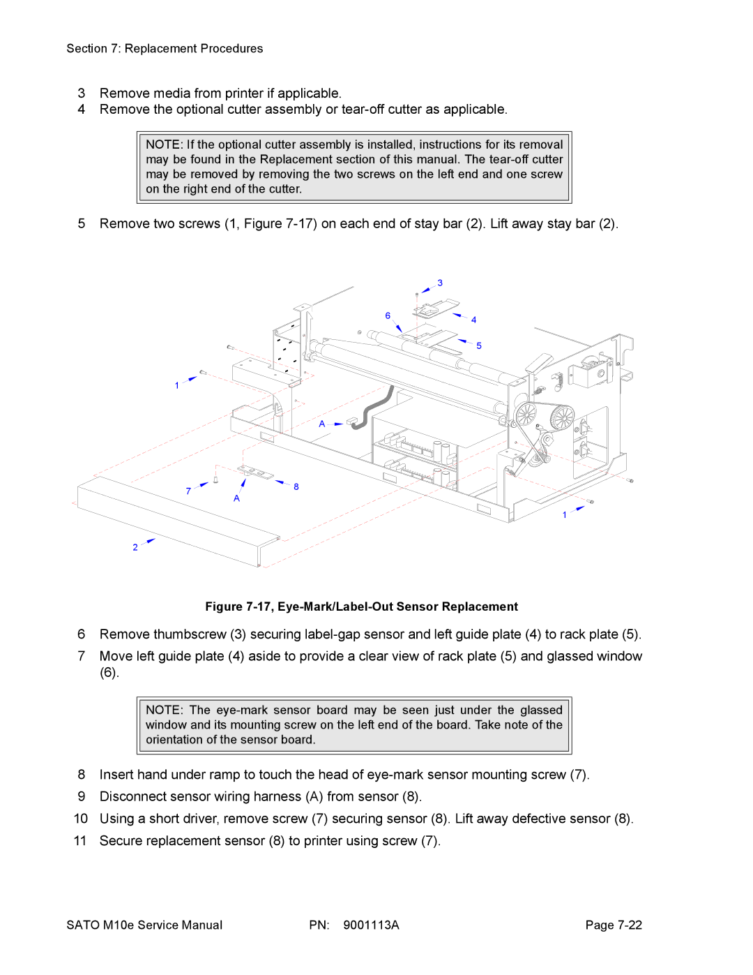 SATO 10e service manual 17, Eye-Mark/Label-Out Sensor Replacement 