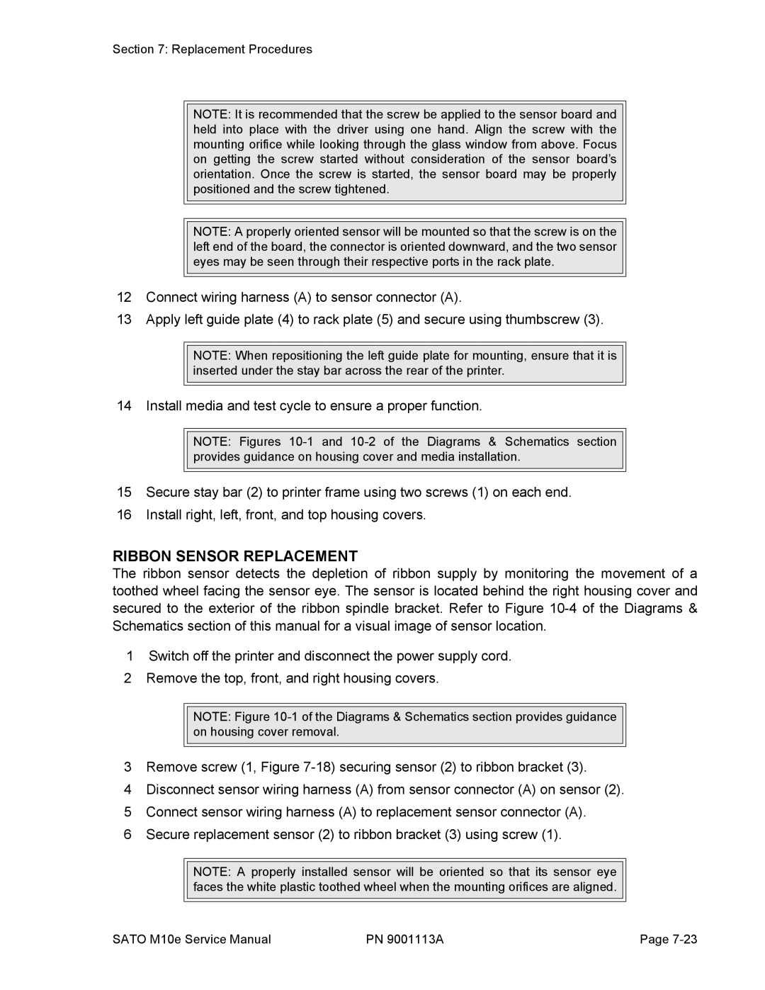 SATO 10e service manual Ribbon Sensor Replacement 