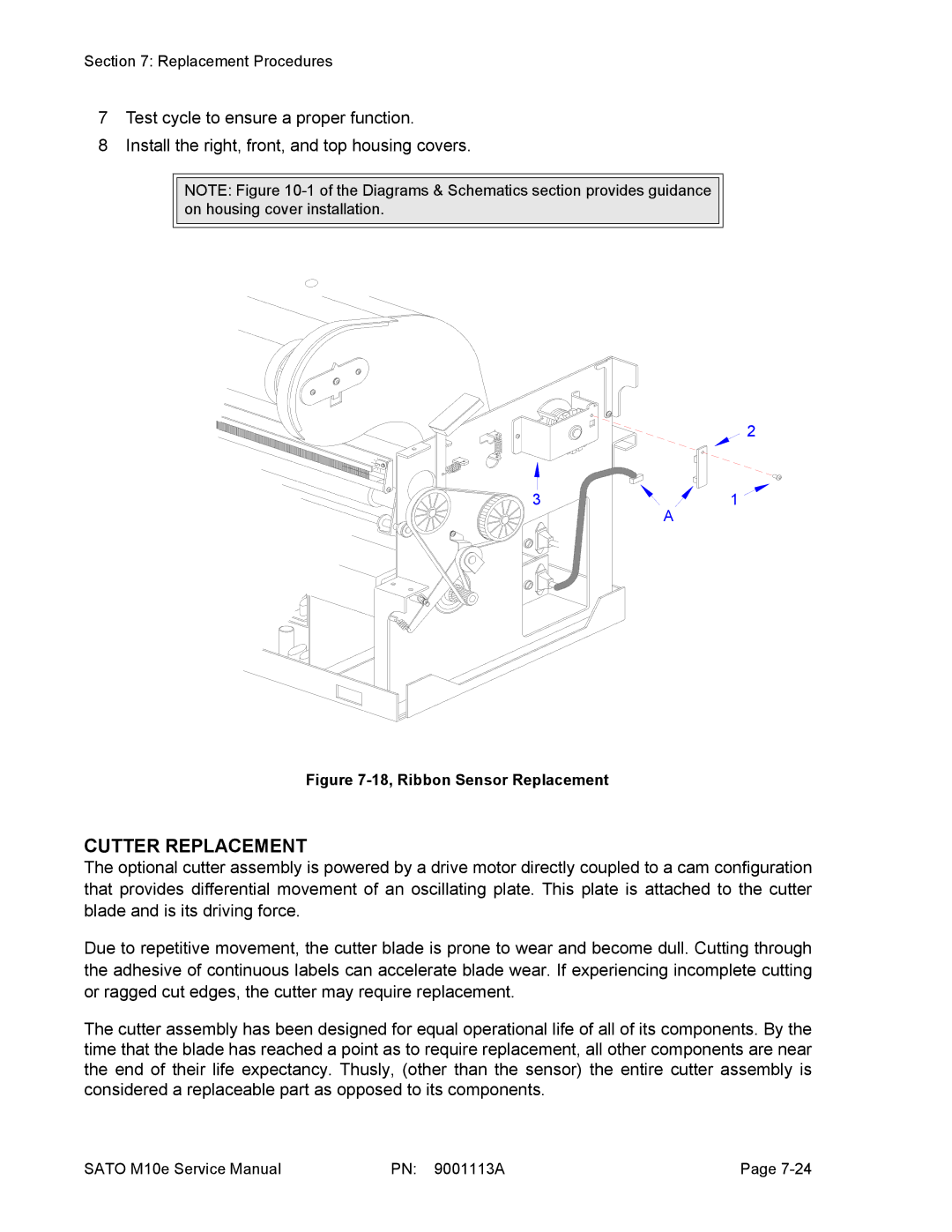 SATO 10e service manual Cutter Replacement, 18, Ribbon Sensor Replacement 