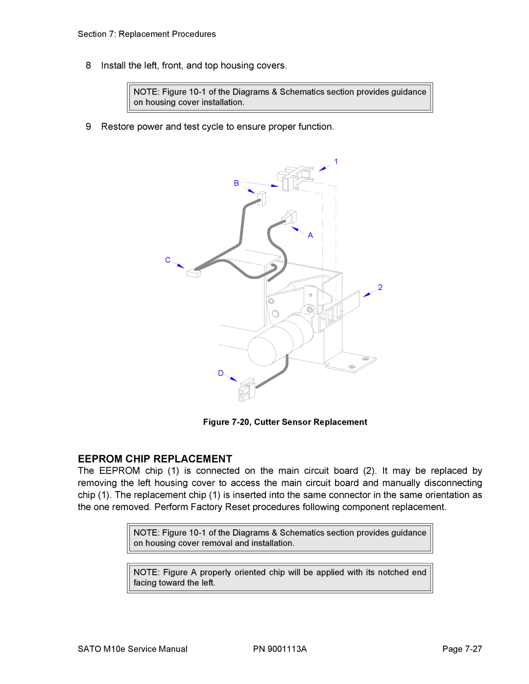 SATO 10e service manual Eeprom Chip Replacement, 20, Cutter Sensor Replacement 