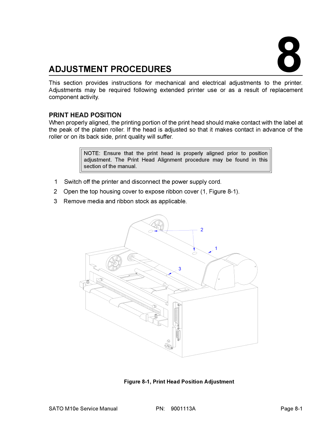 SATO 10e service manual Adjustment Procedures, Print Head Position 