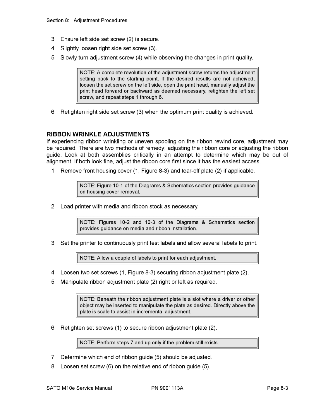 SATO 10e service manual Ribbon Wrinkle Adjustments 