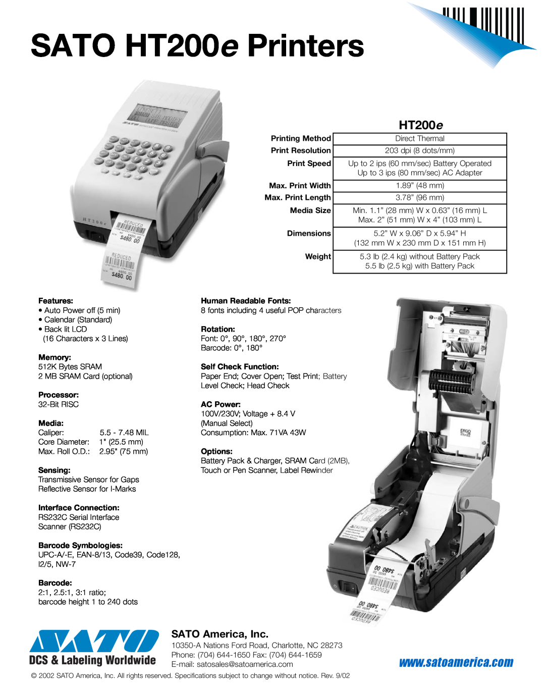 SATO manual HT200 e, SATO America, Inc, SATO HT200e Printers 