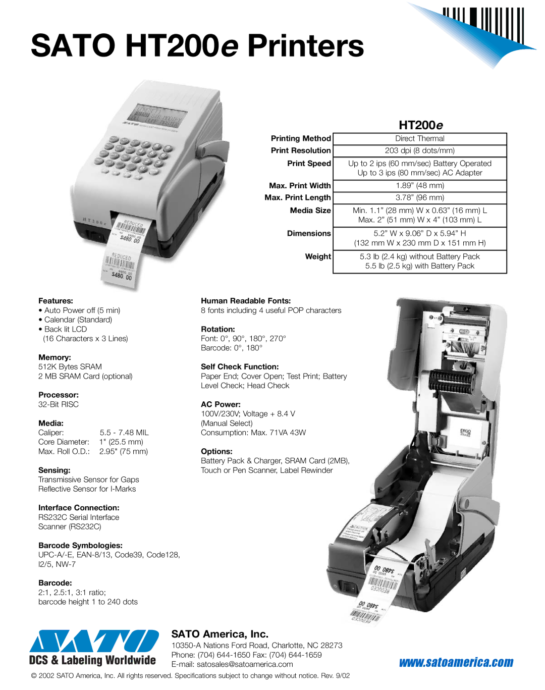 SATO manual Sato HT200e Printers, HT200 e, Sato America, Inc 