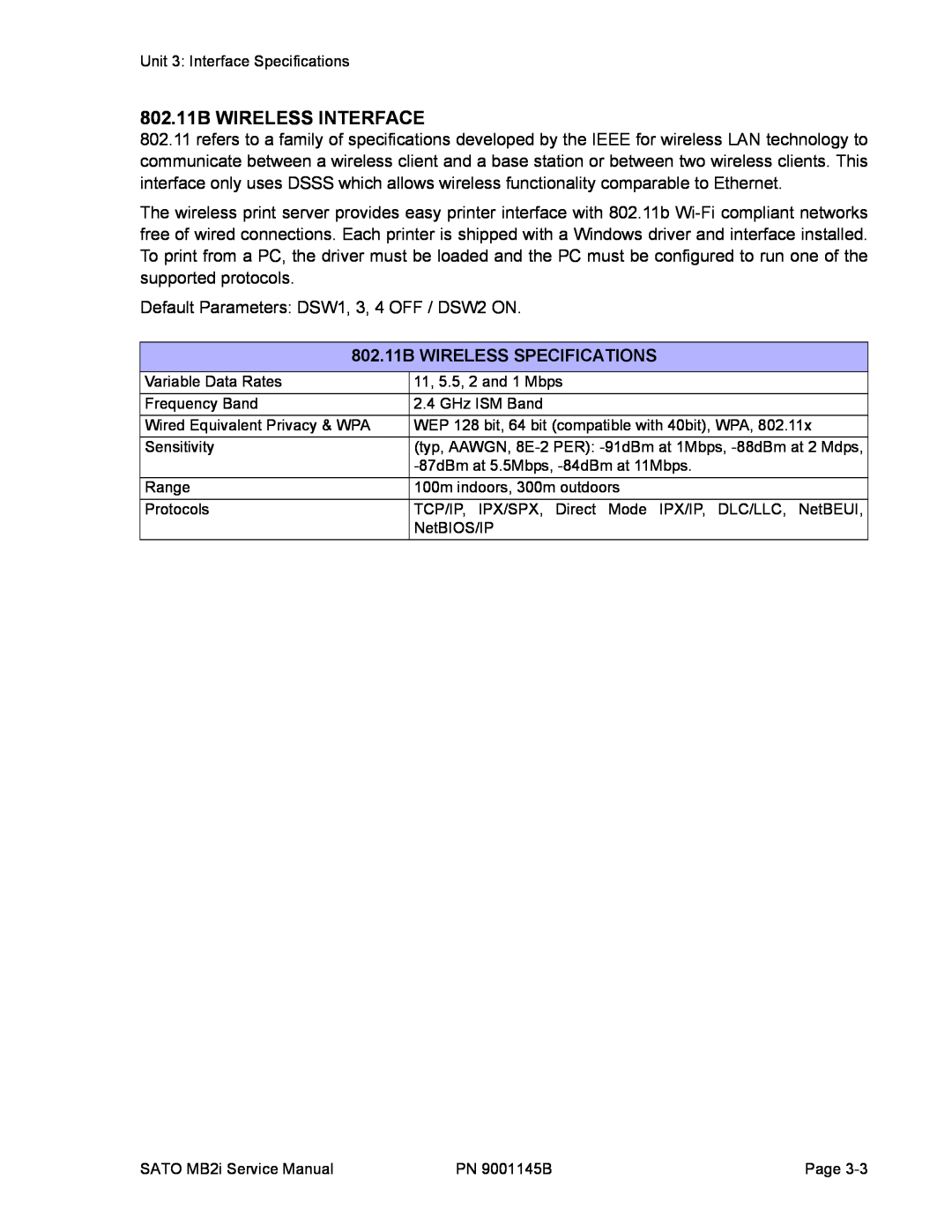 SATO 200i manual 802.11B WIRELESS INTERFACE, 802.11B WIRELESS SPECIFICATIONS 