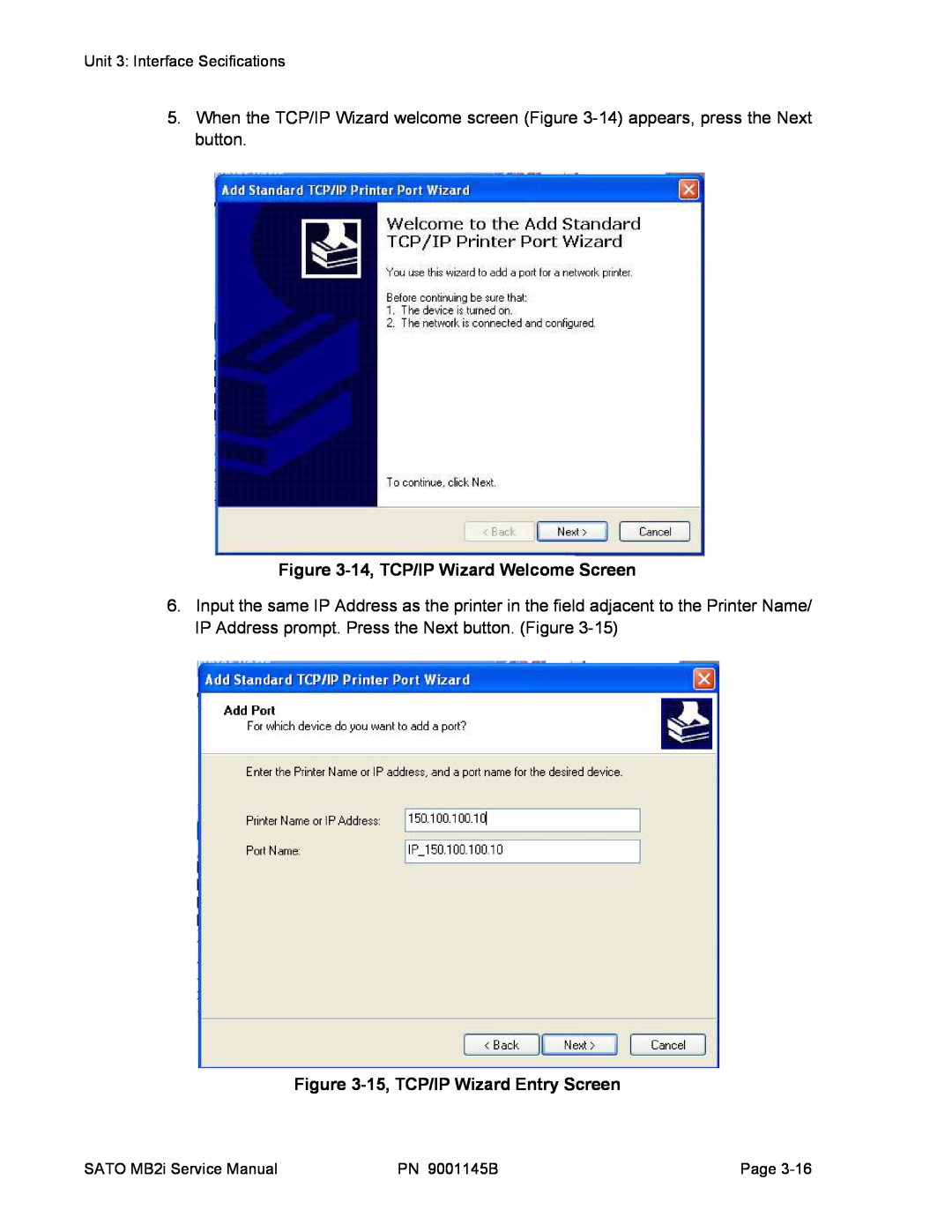 SATO 200i manual 14, TCP/IP Wizard Welcome Screen, 15, TCP/IP Wizard Entry Screen 