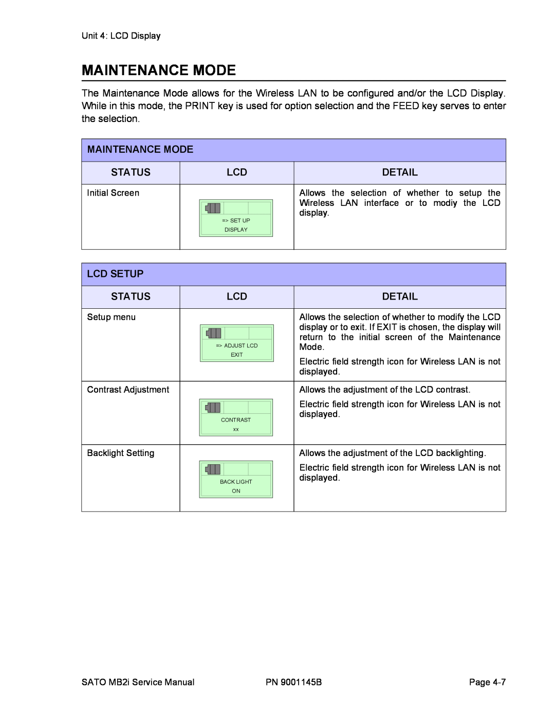 SATO 200i manual Maintenance Mode, = Set Up, Display, = Adjust Lcd, Exit, Contrast, Back Light 