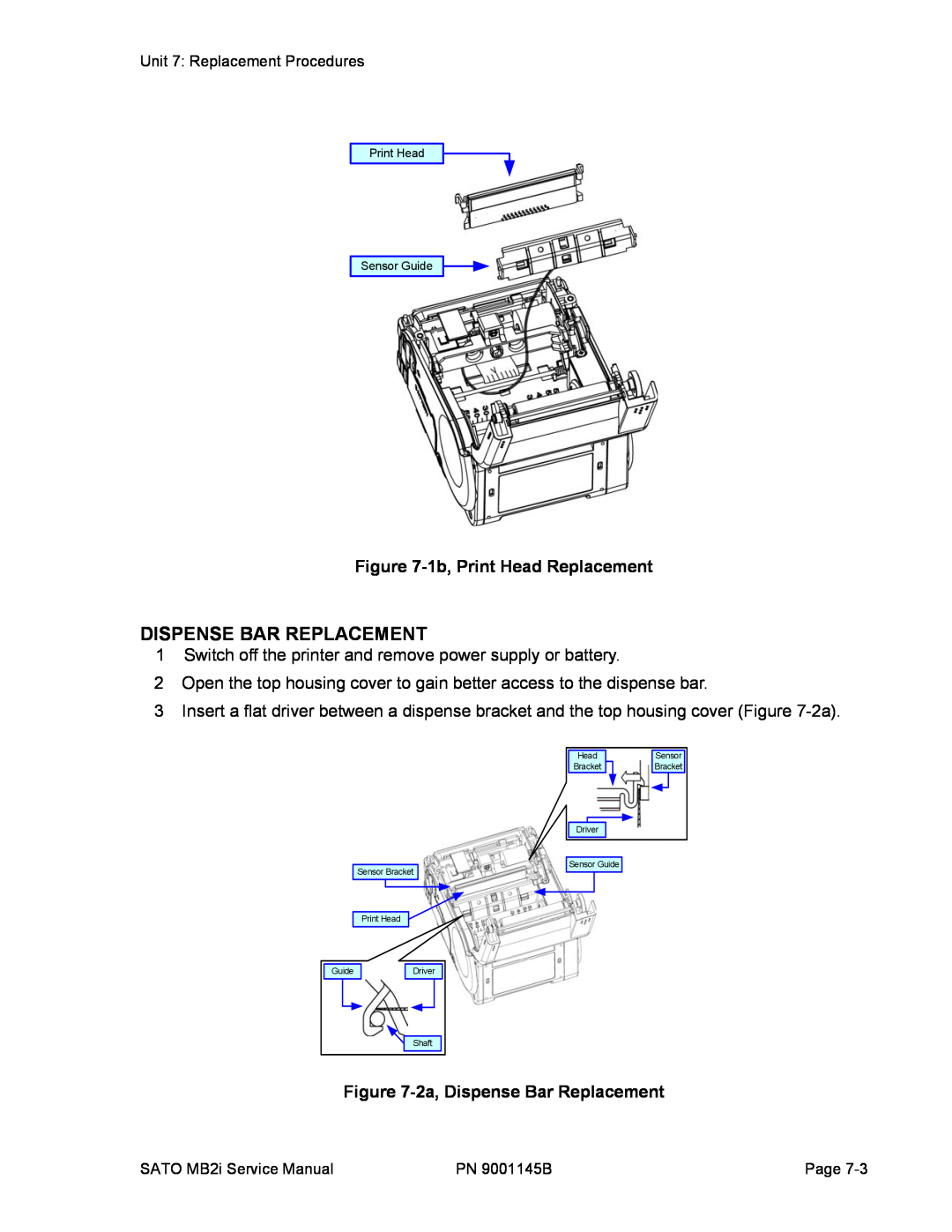 SATO 200i manual 1b, Print Head Replacement, 2a, Dispense Bar Replacement 