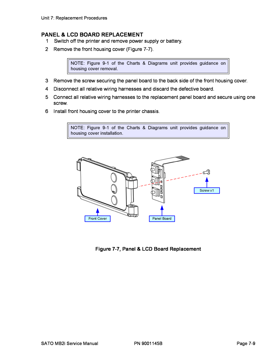 SATO 200i manual Panel & Lcd Board Replacement, 7, Panel & LCD Board Replacement 