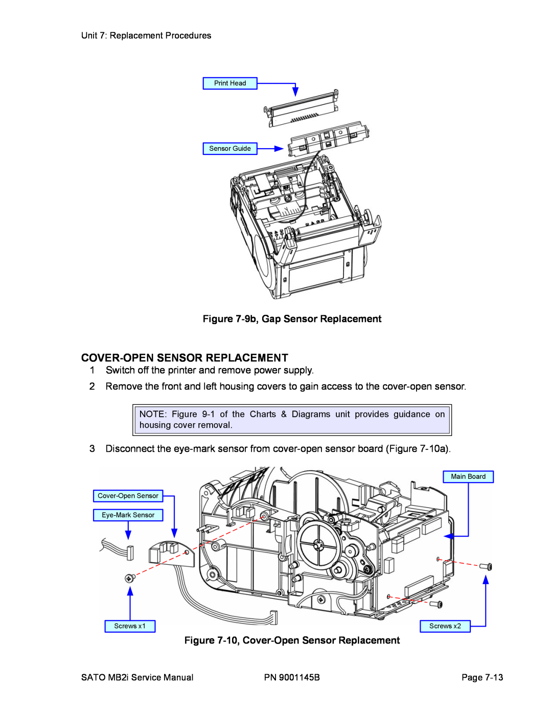 SATO 200i manual 9b, Gap Sensor Replacement, 10, Cover-Open Sensor Replacement 