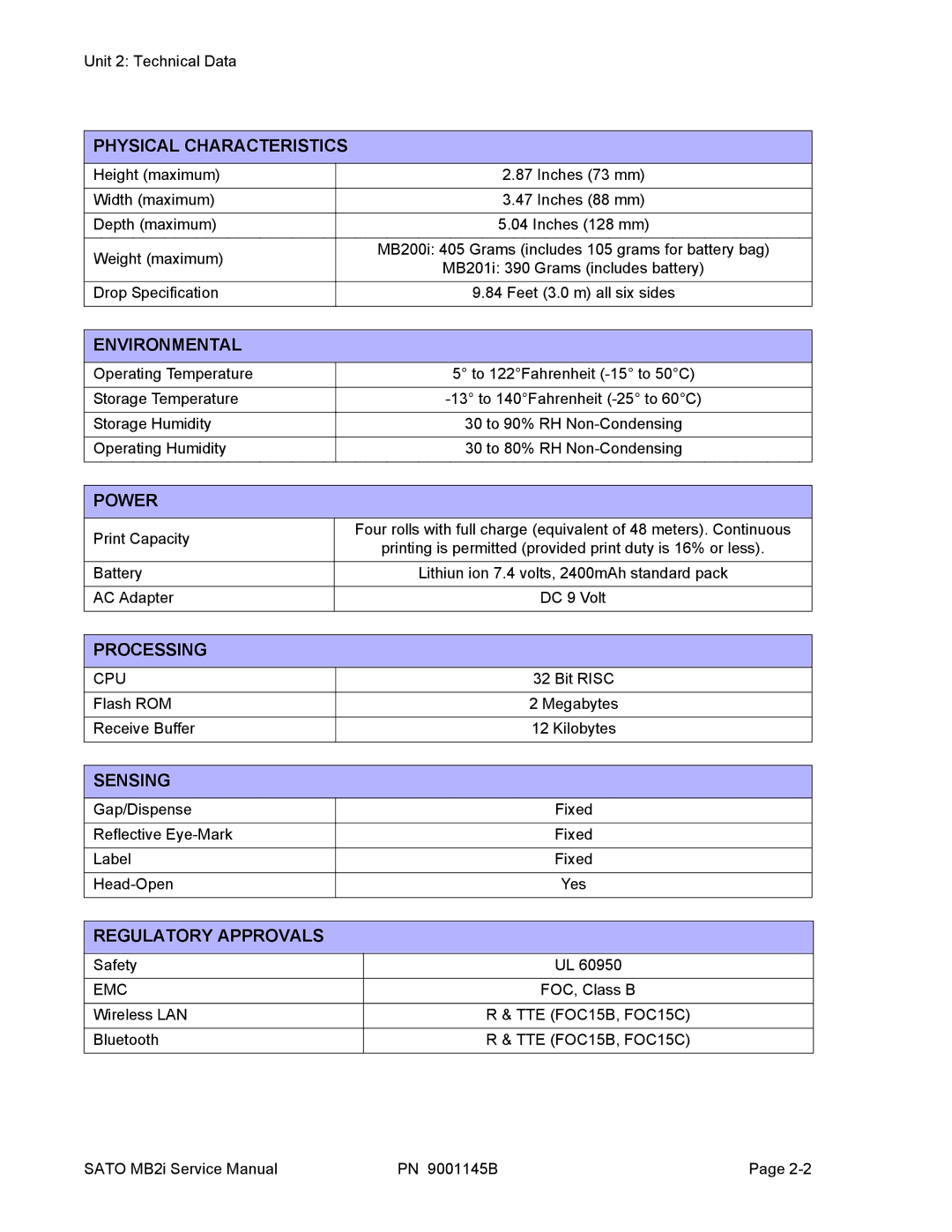 SATO 200i manual Physical Characteristics, Environmental, Power, Processing, Sensing, Regulatory Approvals 