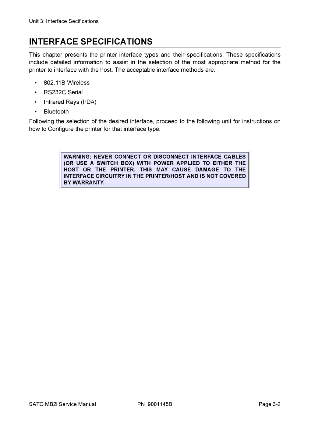 SATO 200i manual Interface Specifications 