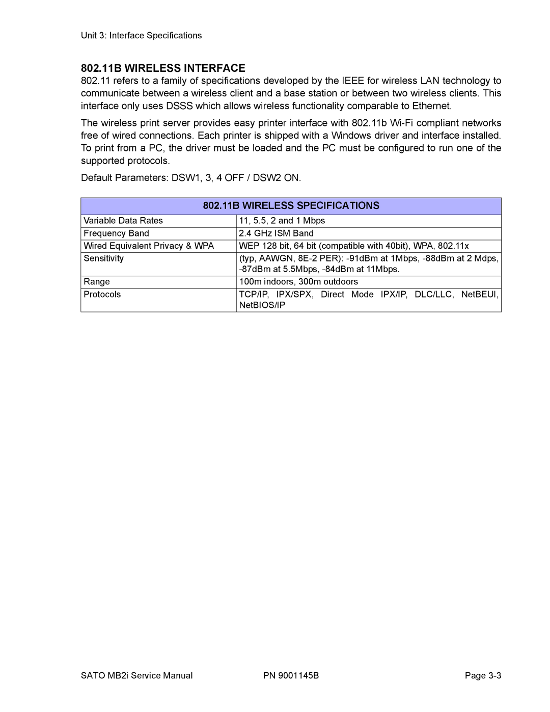 SATO 200i manual 802.11B Wireless Interface, 802.11B Wireless Specifications 