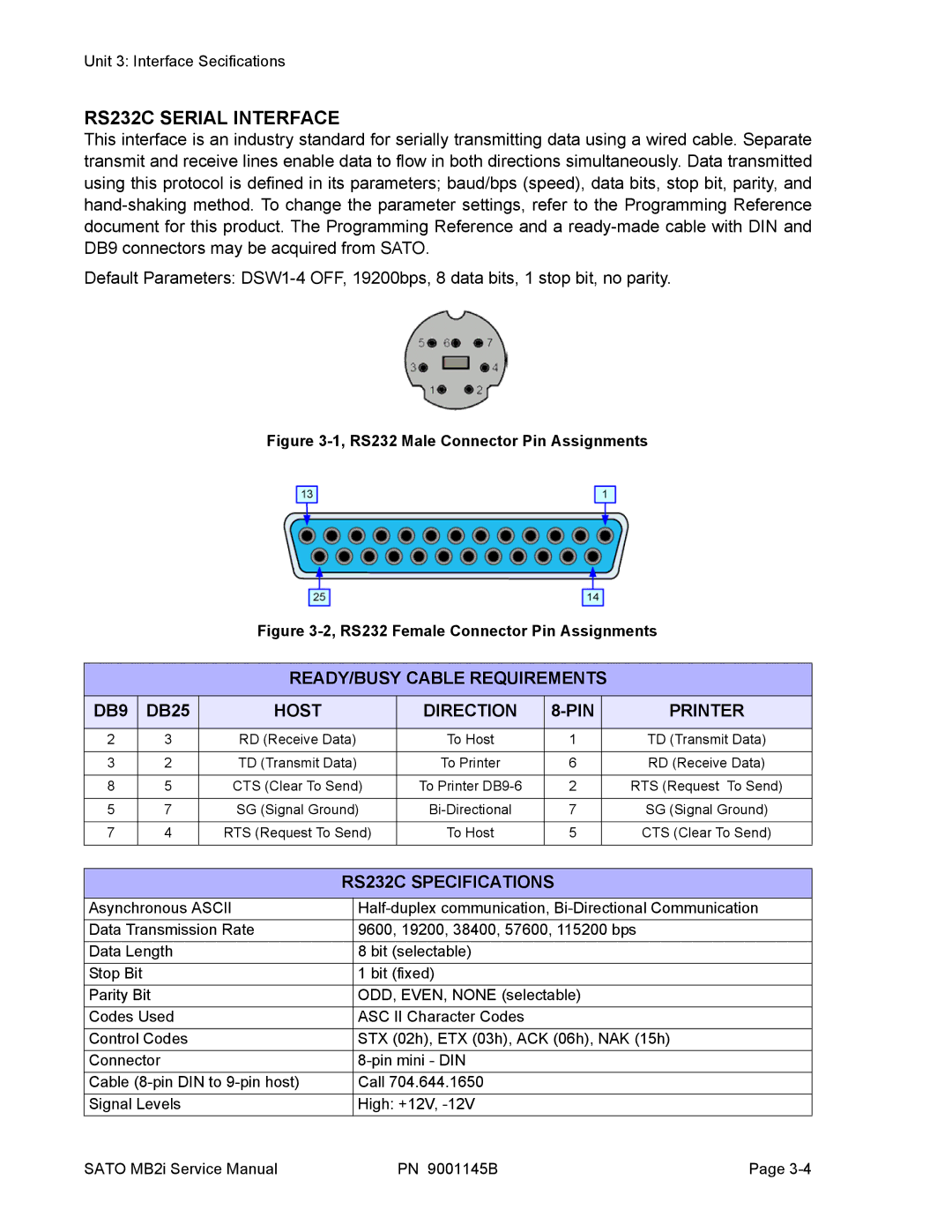 SATO 200i RS232C Serial Interface, READY/BUSY Cable Requirements DB9, Host Direction PIN Printer, RS232C Specifications 