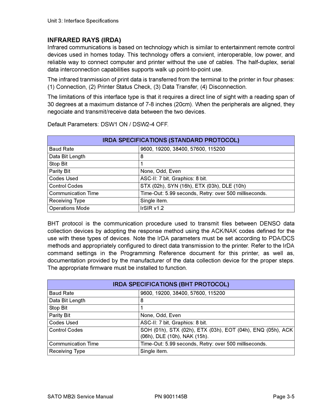 SATO 200i manual Infrared Rays Irda, Irda Specifications Standard Protocol, Irda Specifications BHT Protocol 