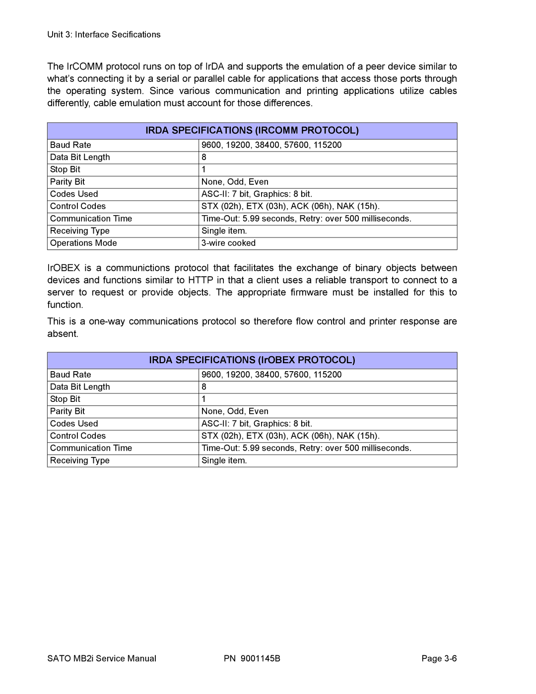 SATO 200i manual Irda Specifications Ircomm Protocol, Irda Specifications IrOBEX Protocol 