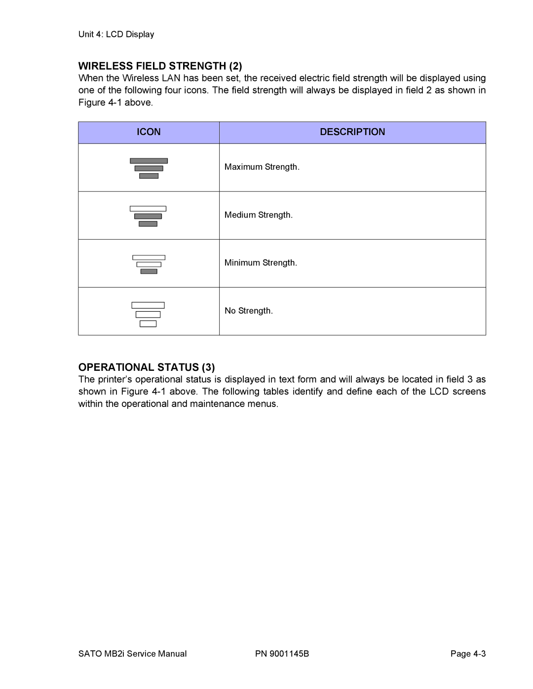 SATO 200i manual Wireless Field Strength, Operational Status 