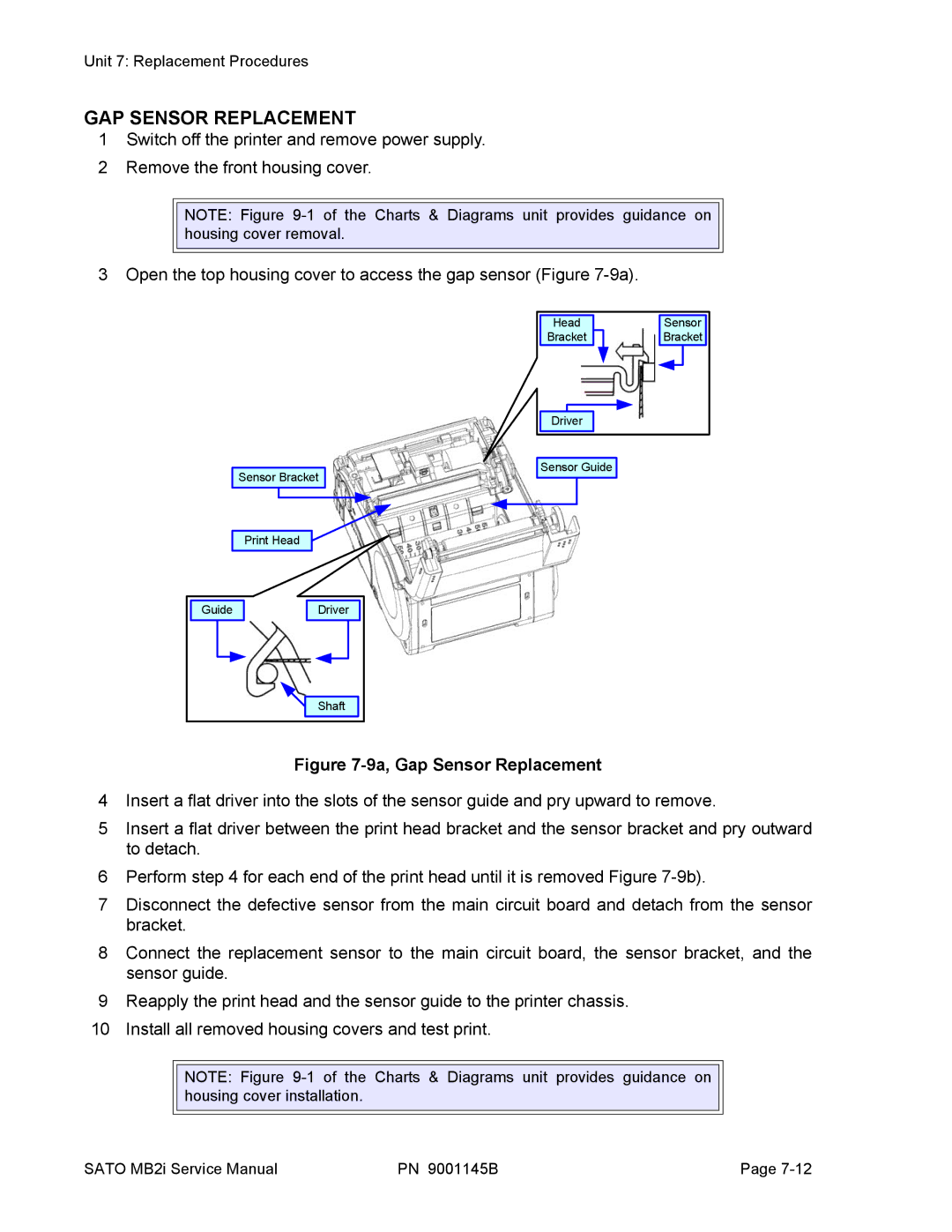 SATO 200i manual GAP Sensor Replacement, 9a, Gap Sensor Replacement 