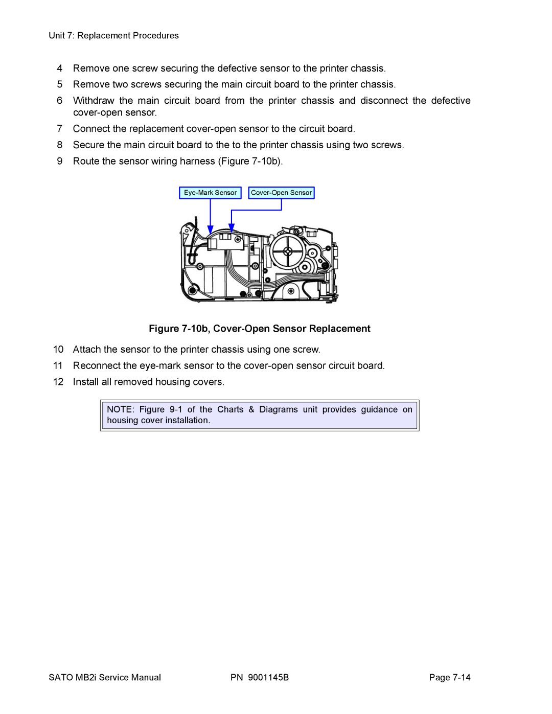 SATO 200i manual 10b, Cover-Open Sensor Replacement 