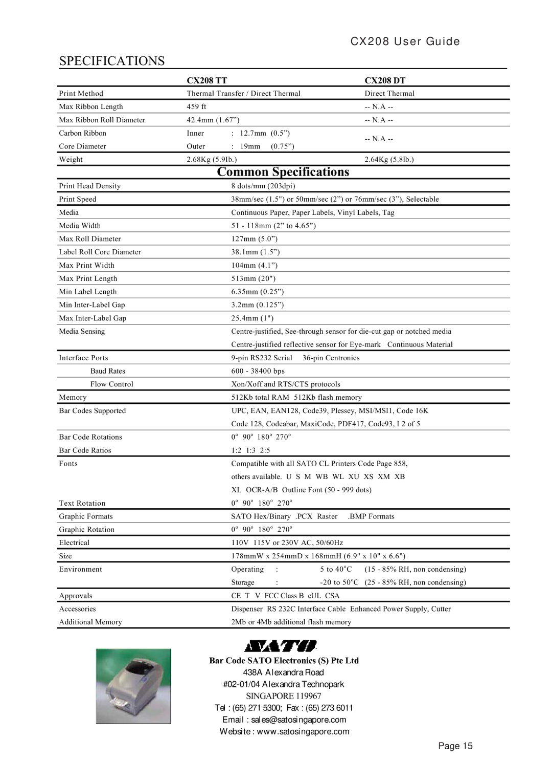 SATO manual Specifications, CX208 TT CX208 DT 