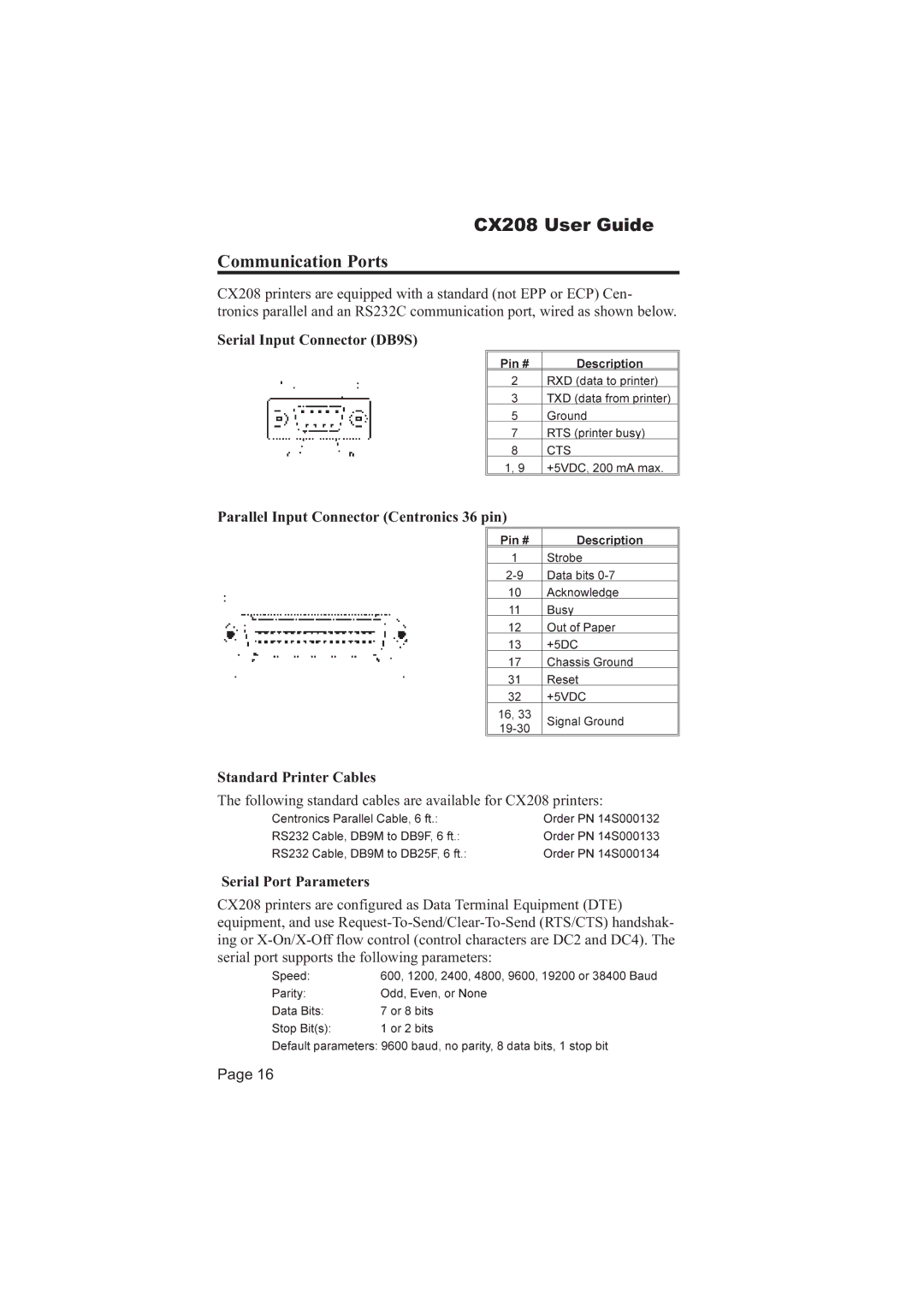 SATO 208 manual Communication Ports, Serial Input Connector DB9S, Standard Printer Cables, Serial Port Parameters 