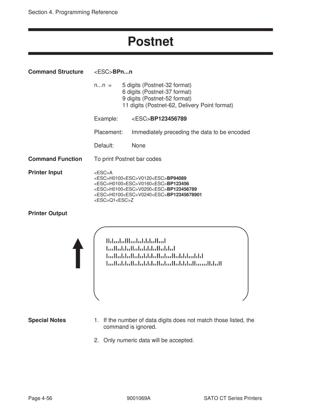 SATO 400, 410 manual Postnet, Command Structure ESCBPn...n, ESCBP123456789 