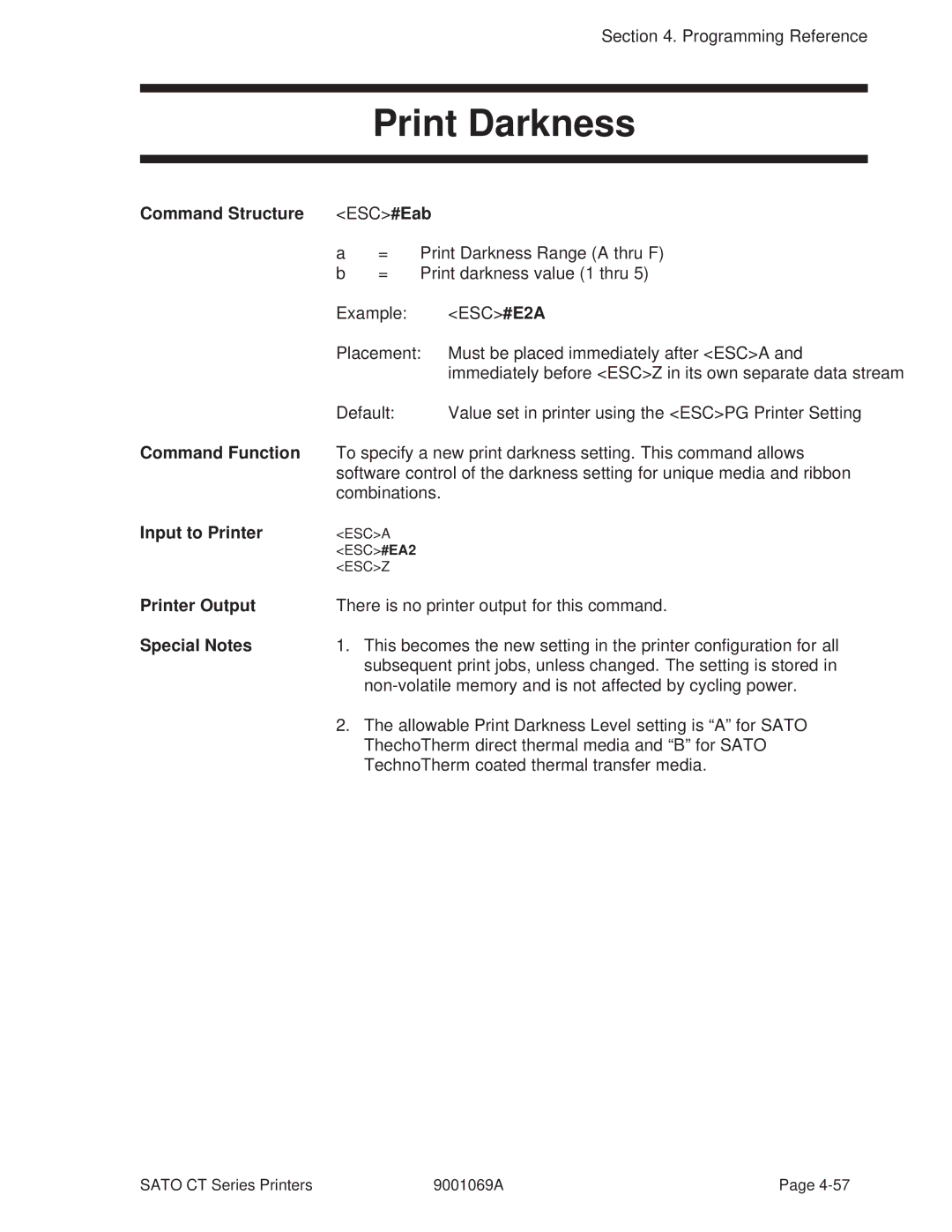 SATO 410, 400 manual Print Darkness, Command Structure ESC#Eab 