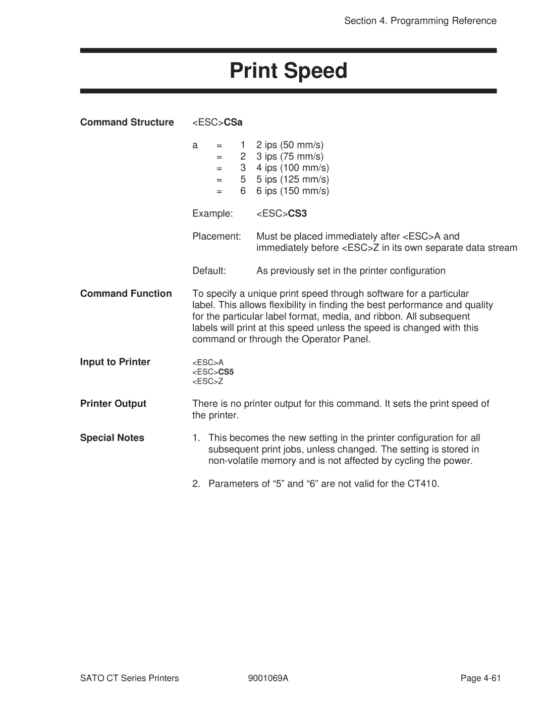 SATO 410, 400 manual Print Speed, ESCCS3 