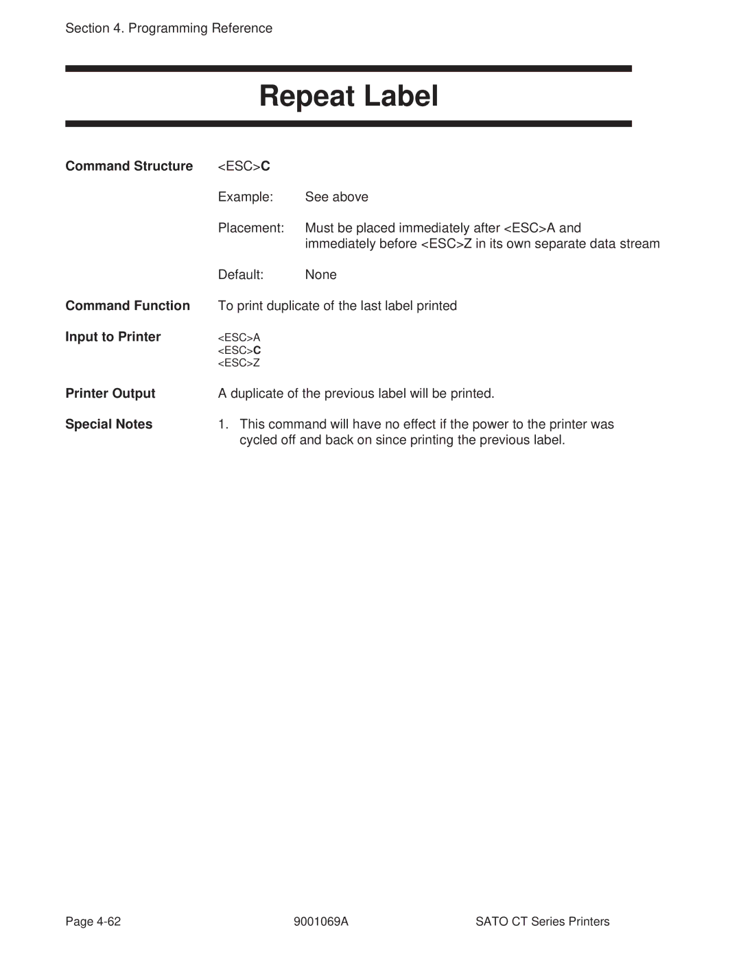 SATO 400, 410 manual Repeat Label, Escc 