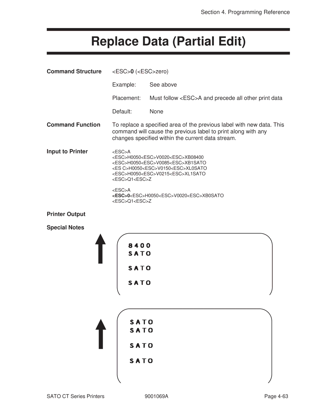 SATO 410, 400 manual Replace Data Partial Edit, Printer Output Special Notes 