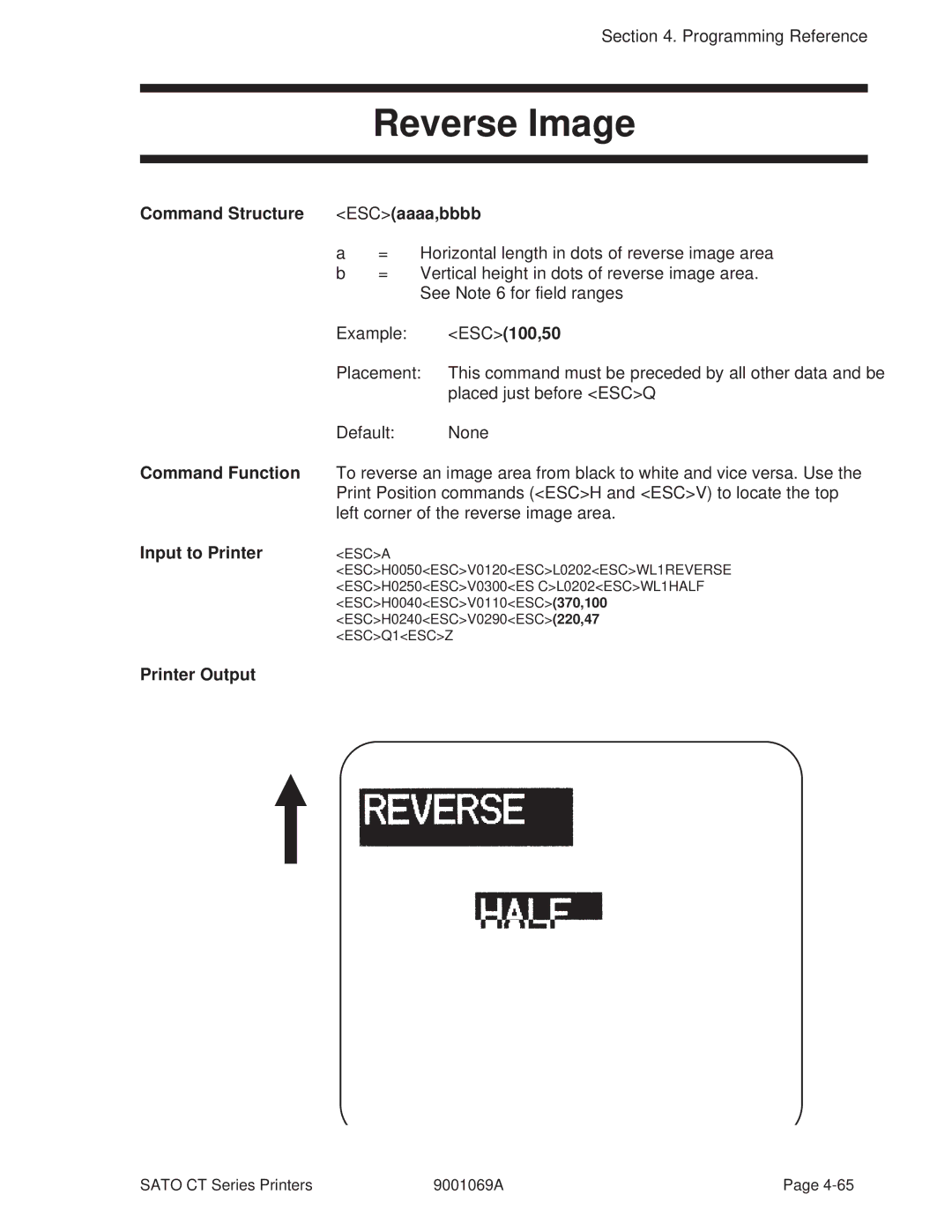 SATO 410, 400 manual Reverse Image, Command Structure ESCaaaa,bbbb, ESC100,50 