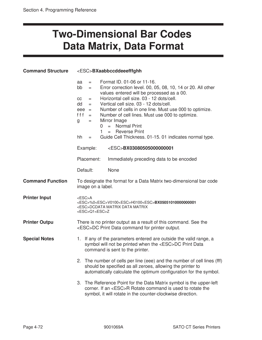 SATO 400, 410 Two-Dimensional Bar Codes Data Matrix, Data Format, Command Structure ESCBXaabbccddeeefffghh, Printer Outpu 