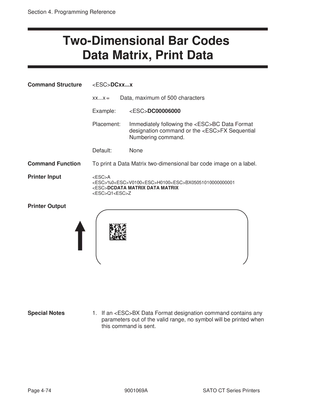 SATO 400, 410 manual Two-Dimensional Bar Codes Data Matrix, Print Data, ESCDC00006000 