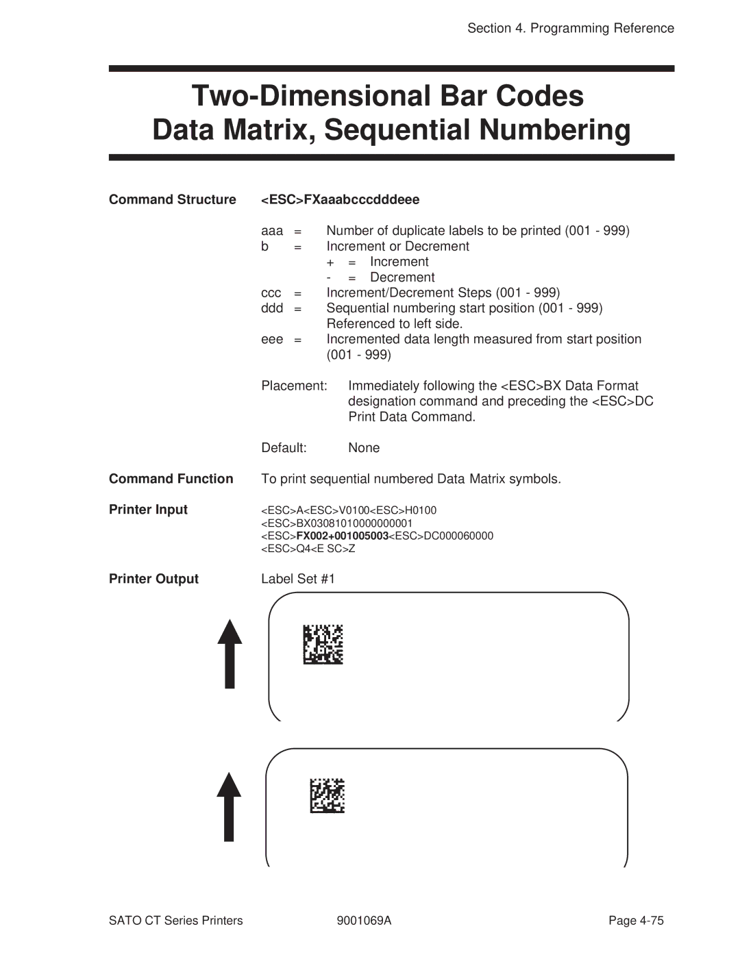 SATO 410, 400 manual Two-Dimensional Bar Codes Data Matrix, Sequential Numbering, Command Structure ESCFXaaabcccdddeee 