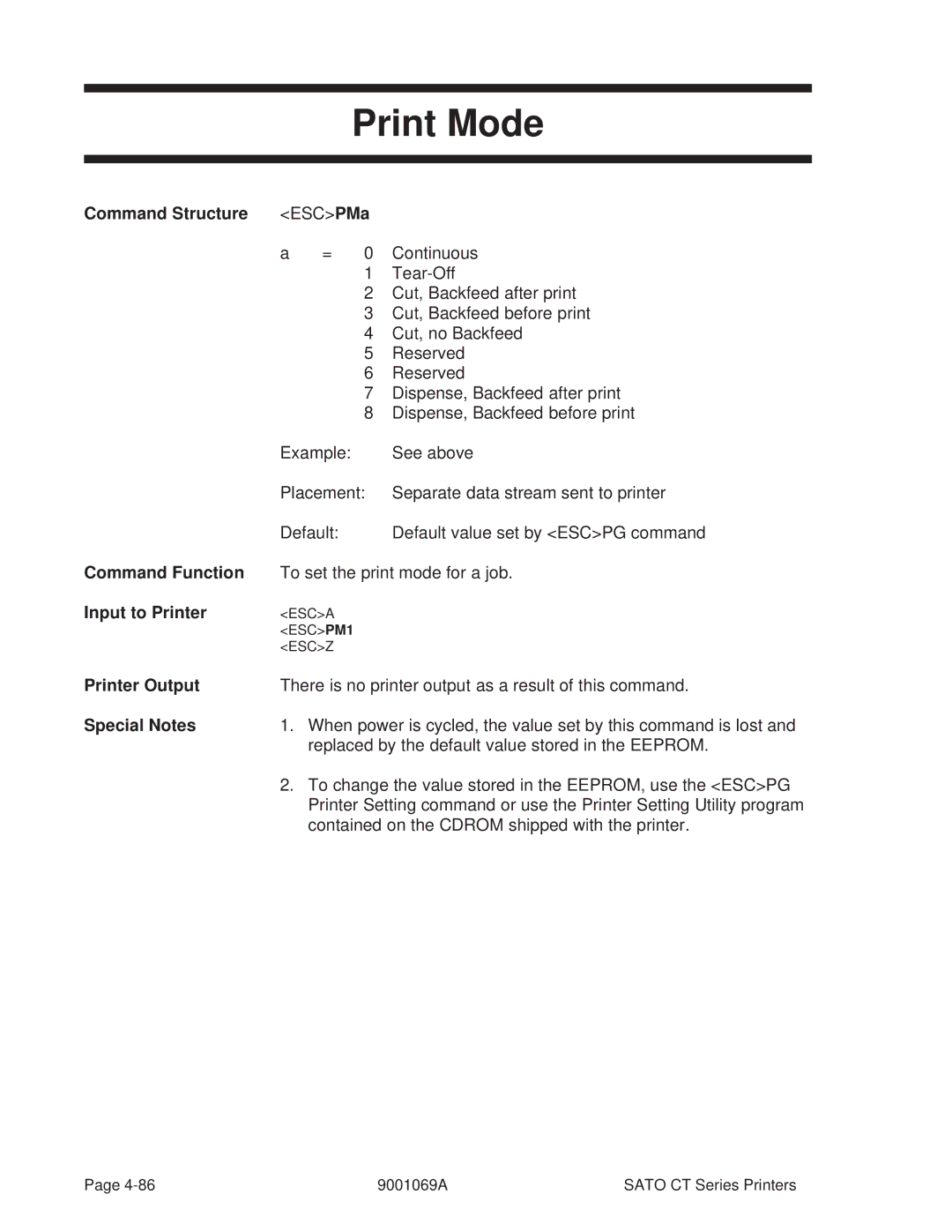 SATO 400, 410 manual Print Mode, Command Structure ESCPMa 