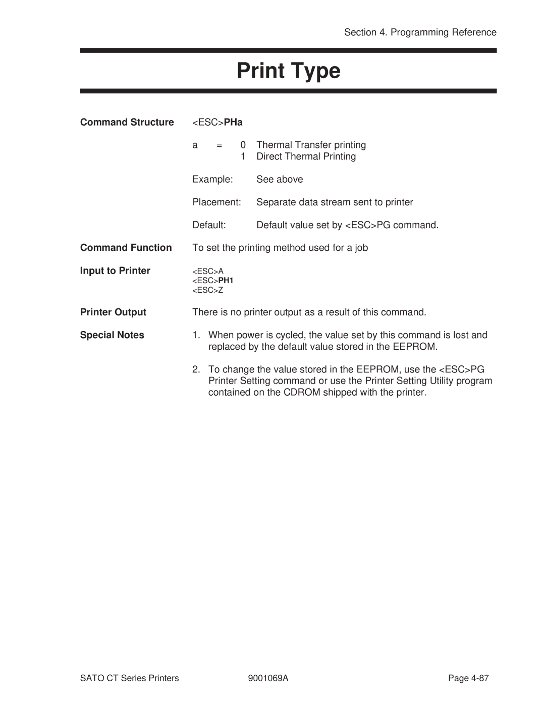 SATO 410, 400 manual Print Type, Command Structure ESCPHa 