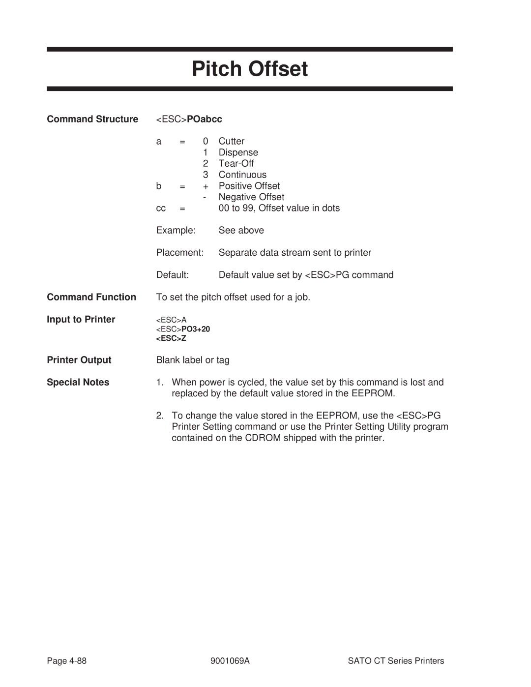 SATO 400, 410 manual Pitch Offset, Command Structure ESCPOabcc 