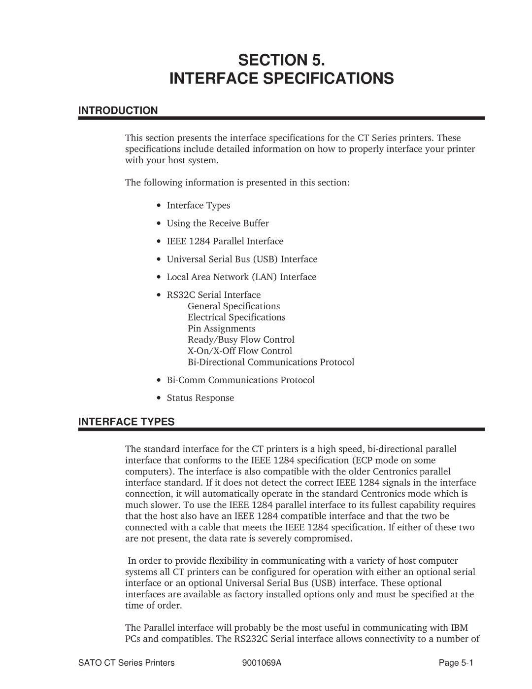 SATO 410, 400 manual Section Interface Specifications, Interface Types 