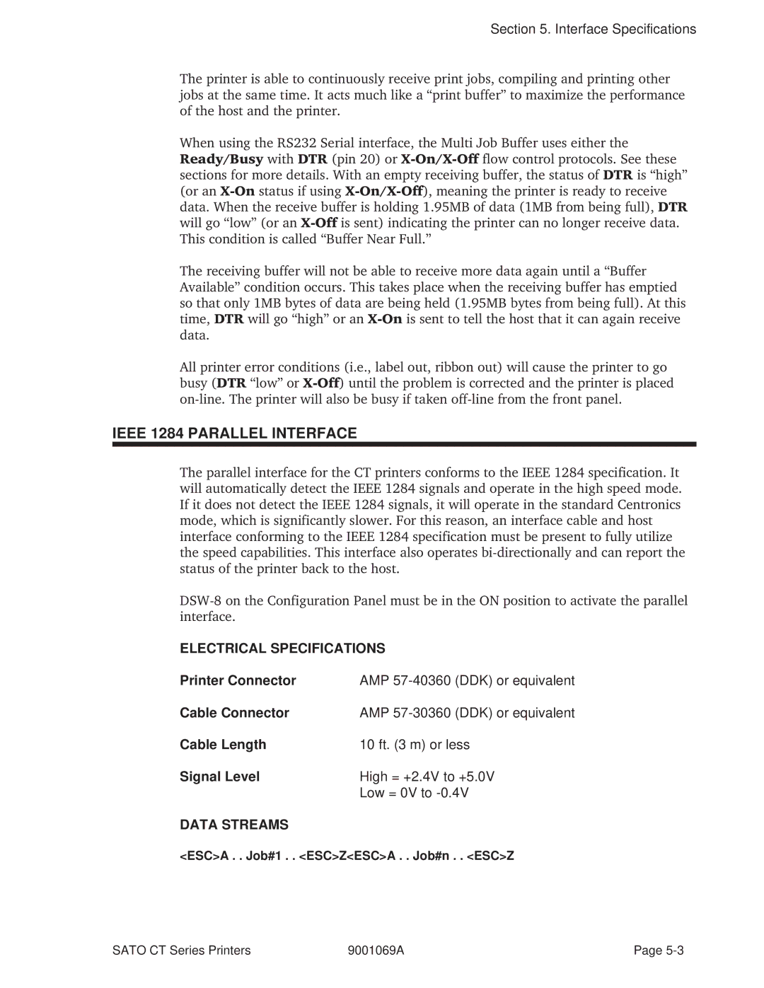 SATO 410, 400 manual Ieee 1284 Parallel Interface, Electrical Specifications, Data Streams 