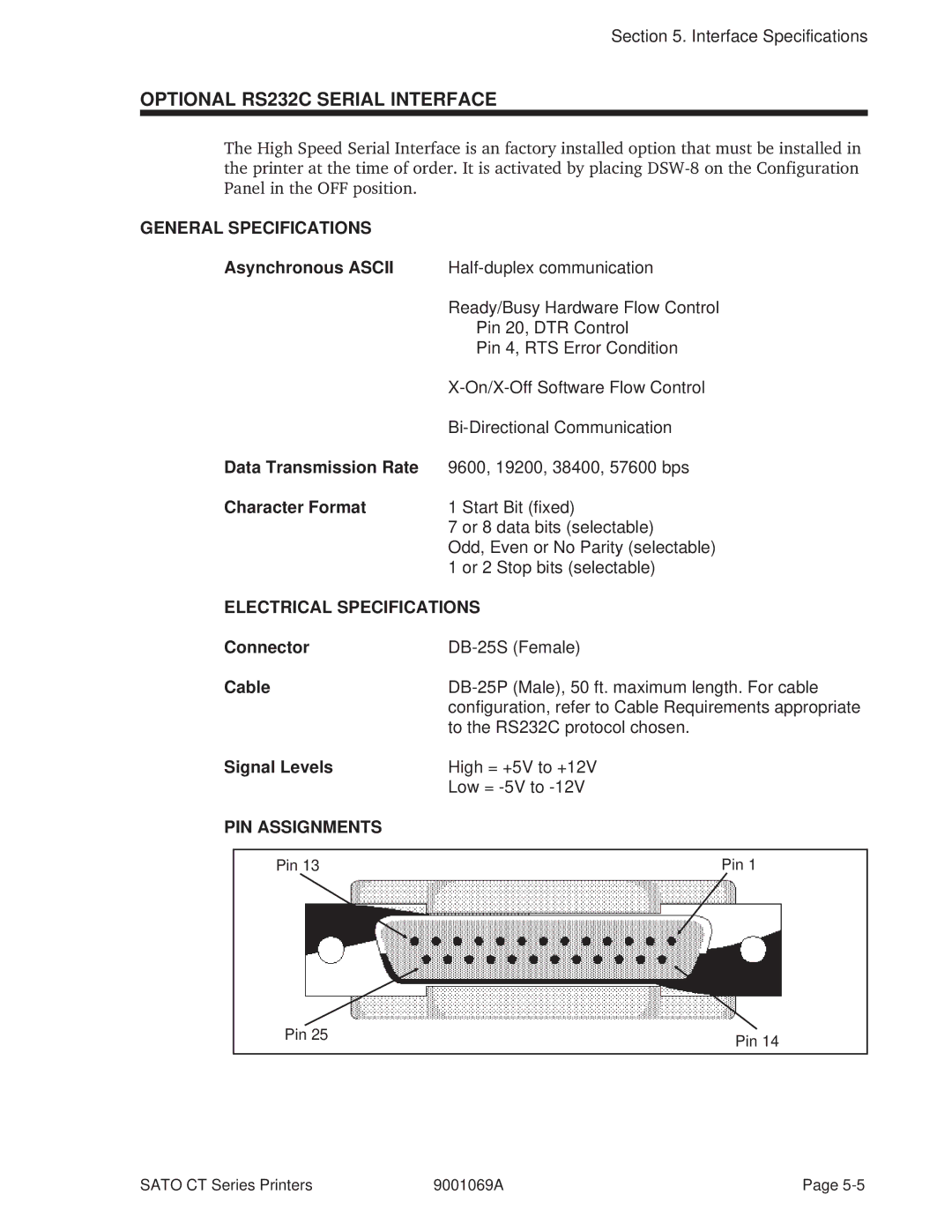 SATO 410, 400 manual Optional RS232C Serial Interface, General Specifications, PIN Assignments 